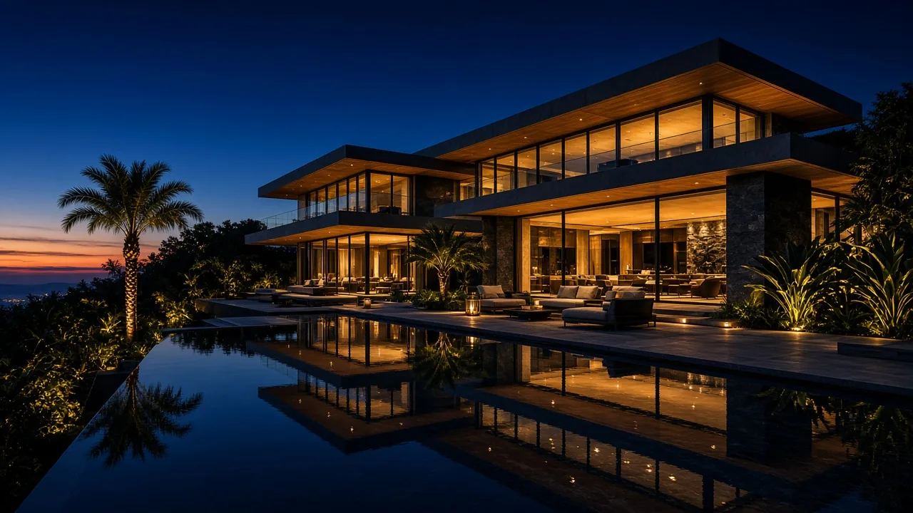 Mansão de luxo contemporânea ao entardecer, com piscina de borda infinita